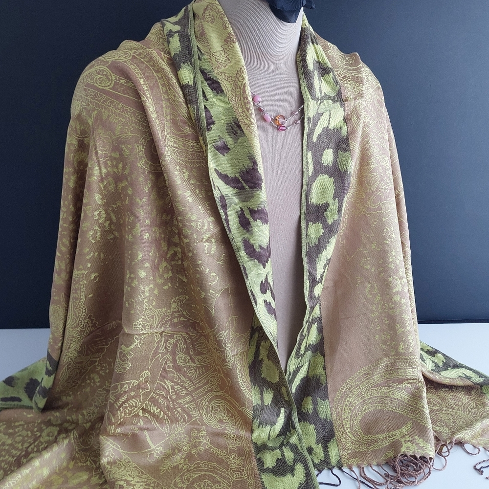 Olive Green Gold Paisley Pashmina Shawl Silk Feel Jacquard Scarf Evening Wrap - Picture 5 of 8